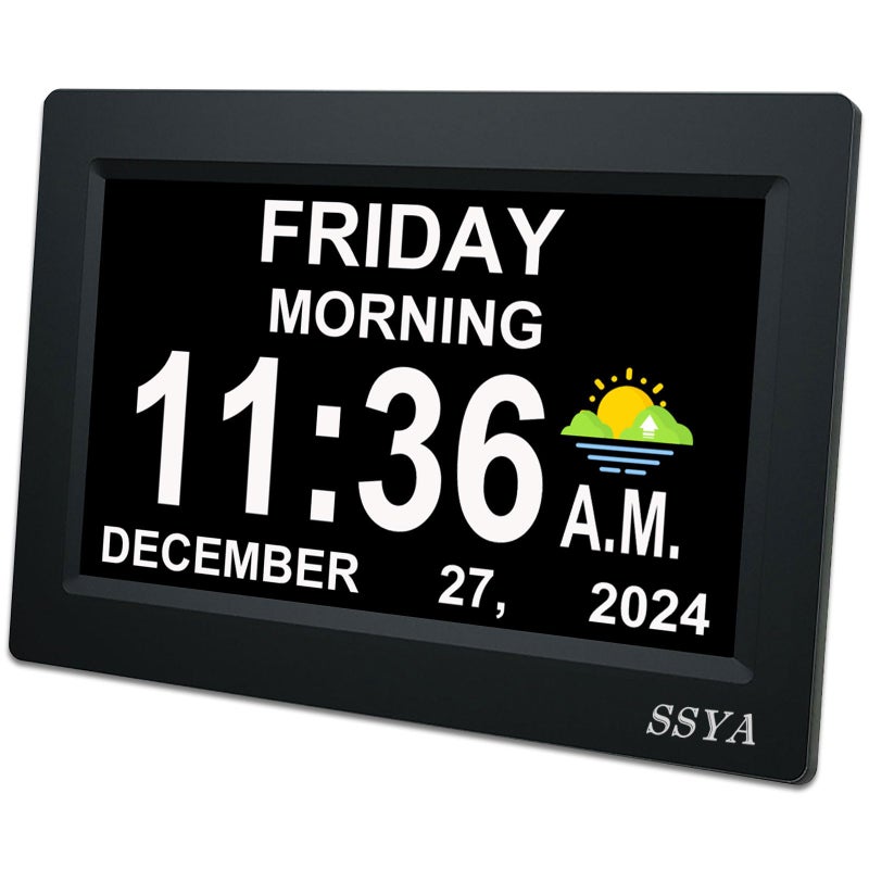 SSYA 7 Inch Calendar Clock - 12 Alarm Options, Level 5 Auto Dimmable Display,Extra Large Impaired Vision Digital Clock with Non-Abbreviated Day & Month (Black) - Image 1
